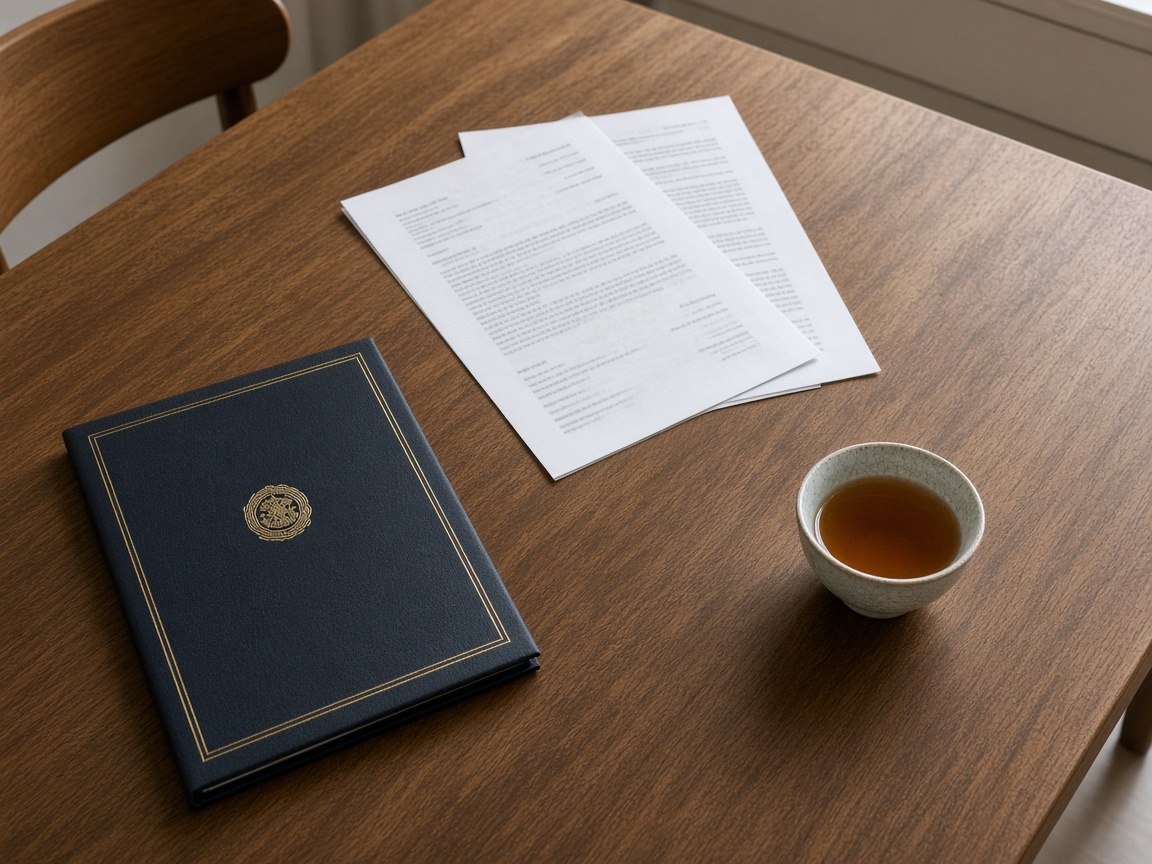 木桌上的證書文件夾與茶杯，文字經處理不可辨認